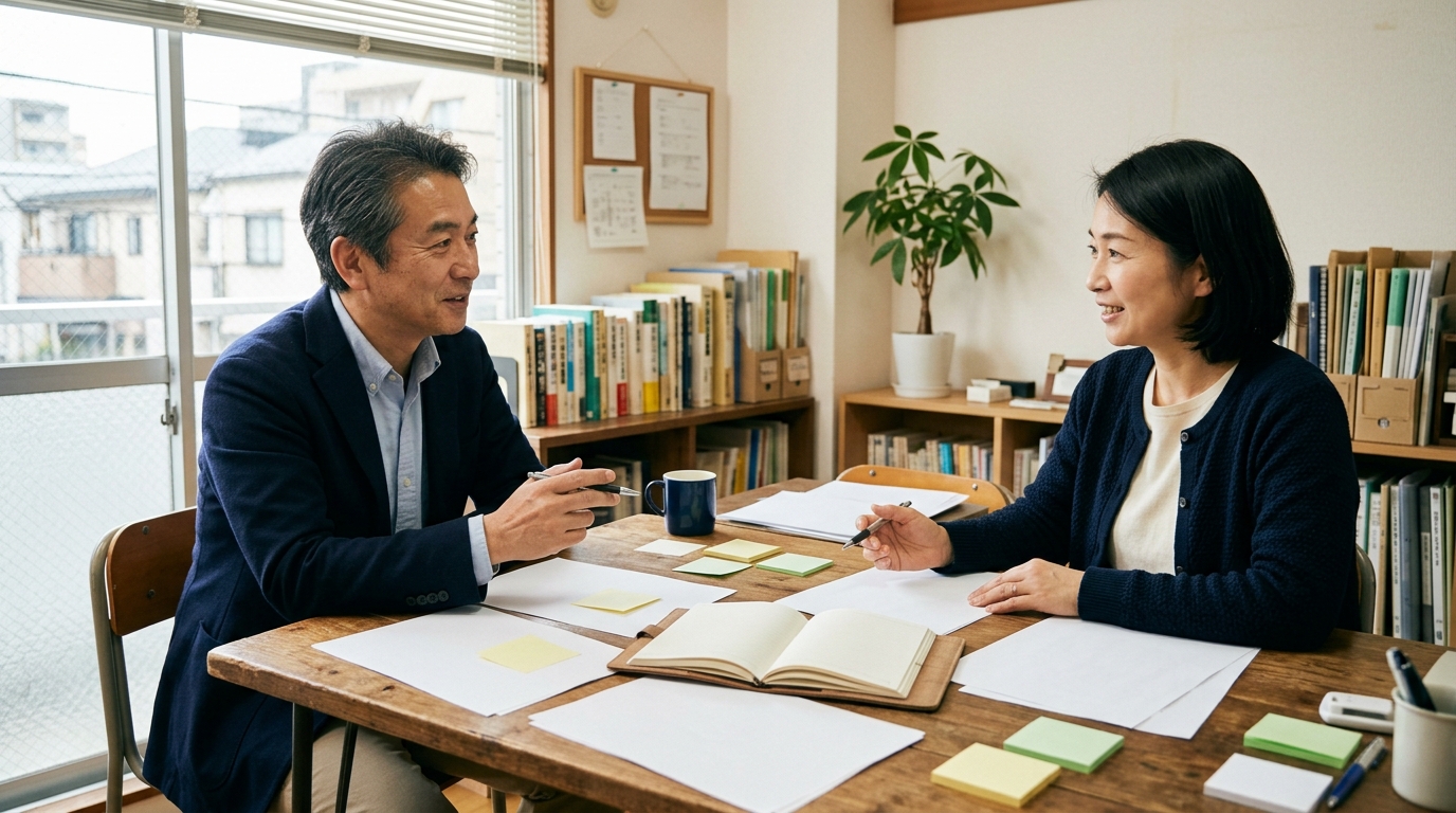 事業の目的を問い直すために資料と付箋を並べている様子