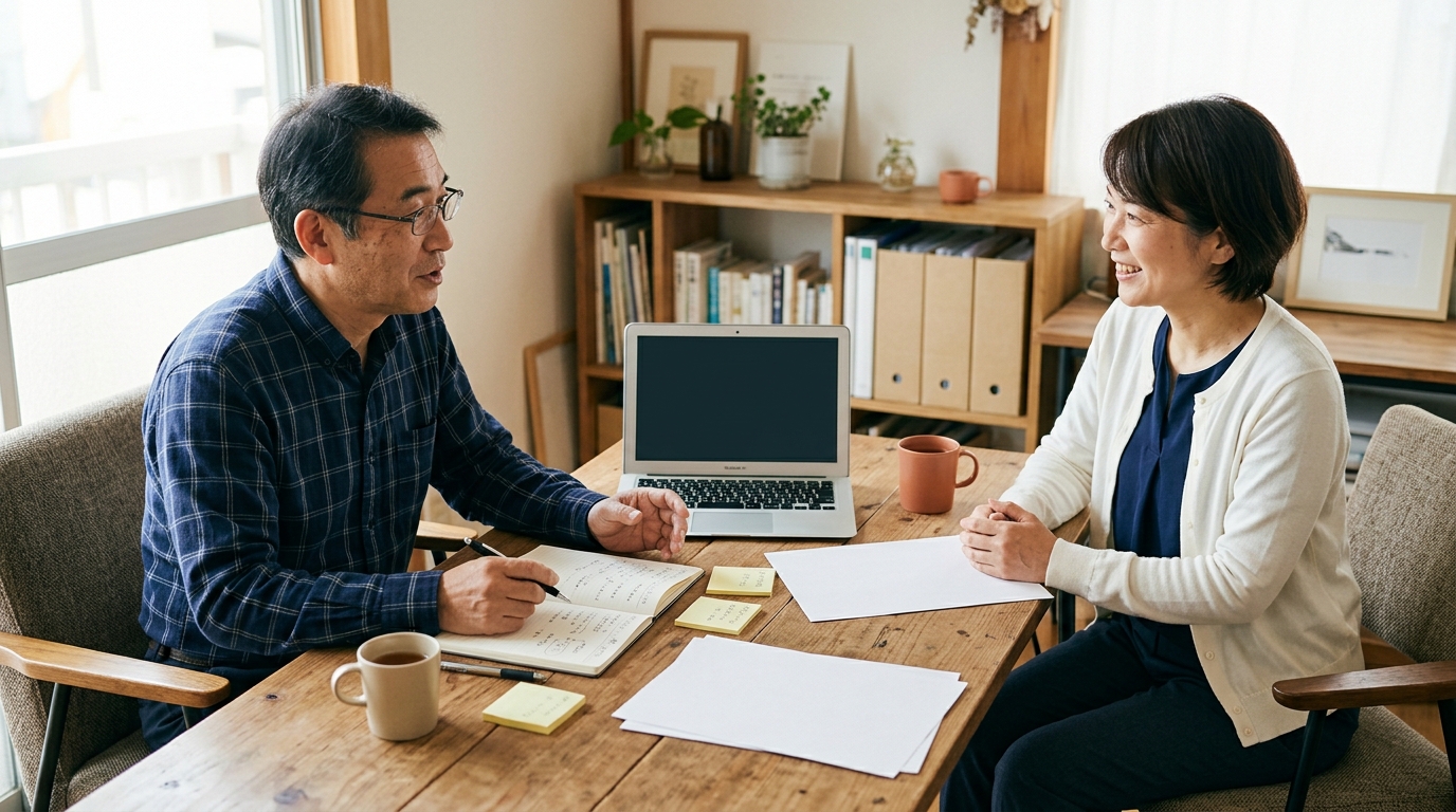 経営課題を資料とノートで整理している様子