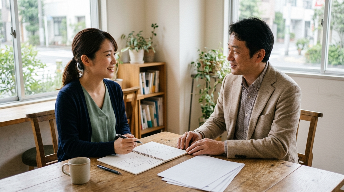 起業準備の相談でノートを見ながら対話している様子